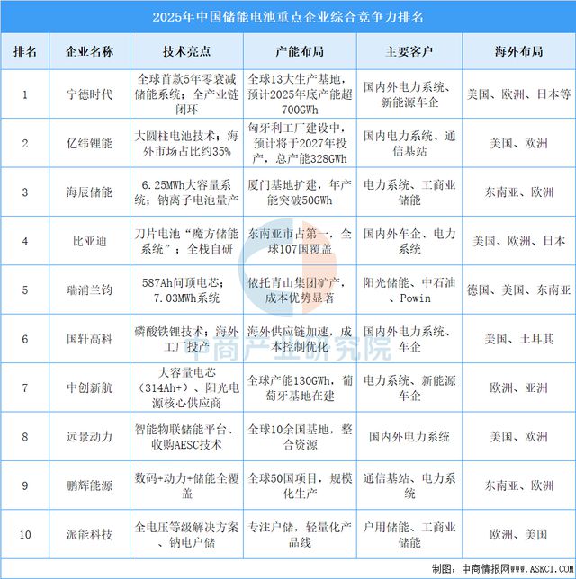 2025年中国储能电池重点企业综合竞争力排名（图）(图1)
